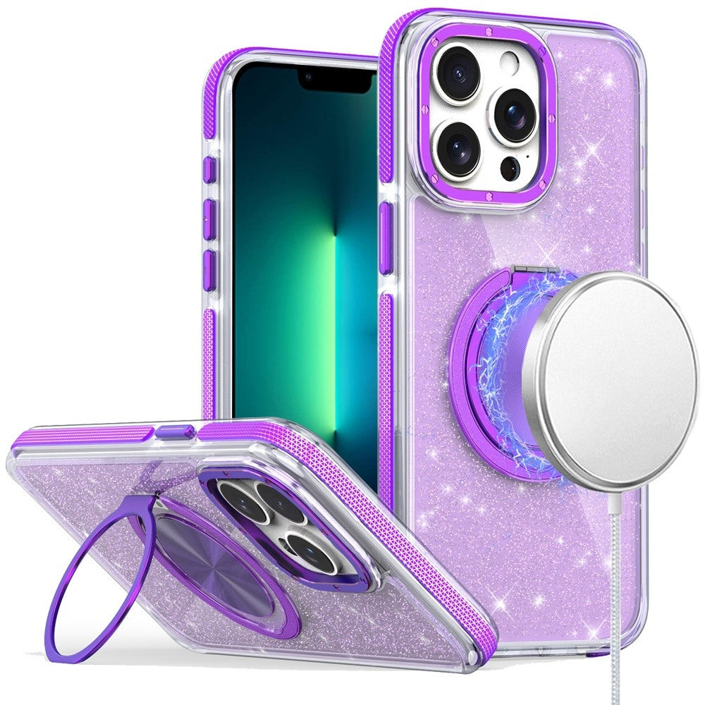 For Apple iPhone 13 Pro Slim Bling Glitter Sparkly Shimmer Hybrid with Magnetic Ring and 360° Rotational Stand [Compatible with Magsafe] Case Cover