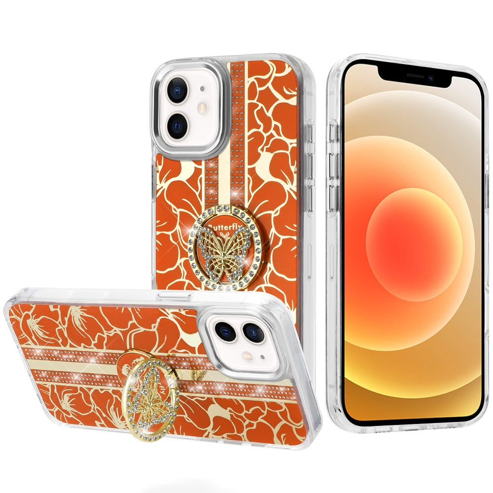 For iPhone 15 Plus (6.7") Diamonds 3D Butterfly Floral Design Bling Sparkly Glitter Hybrid Metal Fashion with Ring Stand Case Cover Cosmic Orange