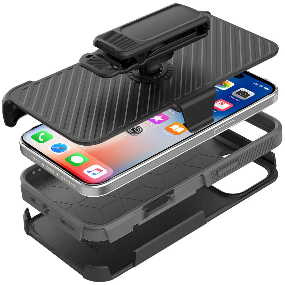 For Apple iPhone 16 Pro (6.3") Combo Hybrid lined with Belt Clip Holster Armor Shockproof Rugged Textured 2in1 Non Slip Tough Case Cover Black / Gray