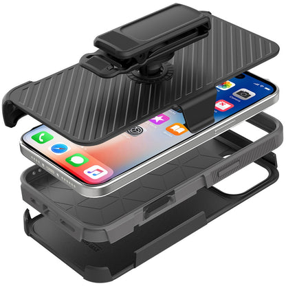 For Apple iPhone 16 Pro (6.3") Combo Hybrid lined with Belt Clip Holster Armor Shockproof Rugged Textured 2in1 Non Slip Tough Case Cover Black / Gray