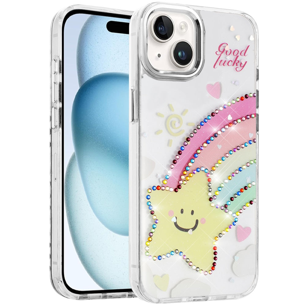For iPhone 15 (6.1") Butterfly Resin Epoxy Diamond Design Metal Edged Hybrid Shockproof Heavy Duty Drop Protection Case Cover