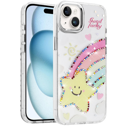 For iPhone 15 (6.1") Butterfly Resin Epoxy Diamond Design Metal Edged Hybrid Shockproof Heavy Duty Drop Protection Case Cover