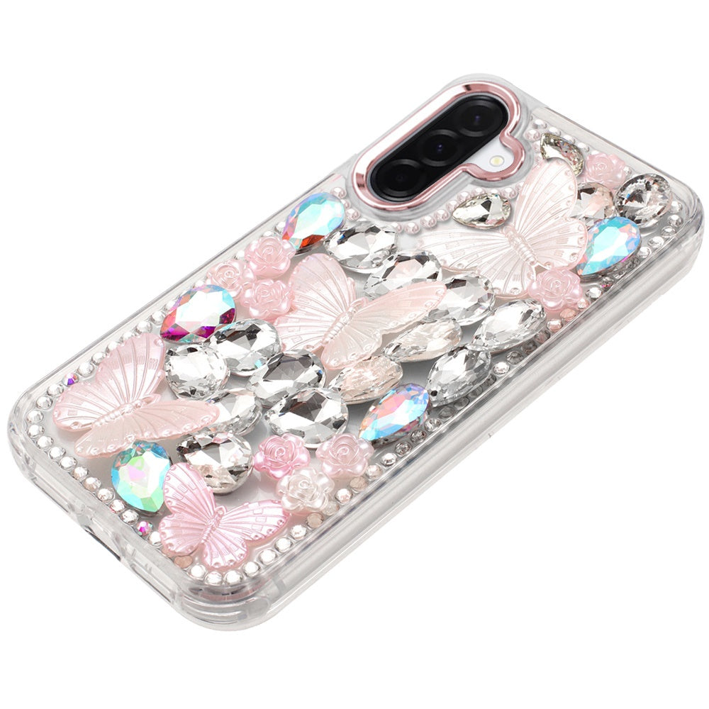 For Samsung Galaxy A17 5G 3D Diamond Floral Butterfly Bling Stone Hybrid, Sparkly Rhinestone Gemstone Back Shockproof Case Cover