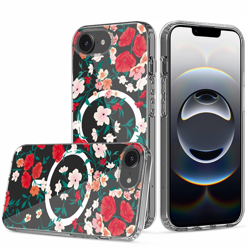 For Apple iPhone 16e Hybrid Flower Design Stylish Fashion Case, MagSafe Compatible, Thick Shockproof Hard PC Case Cover