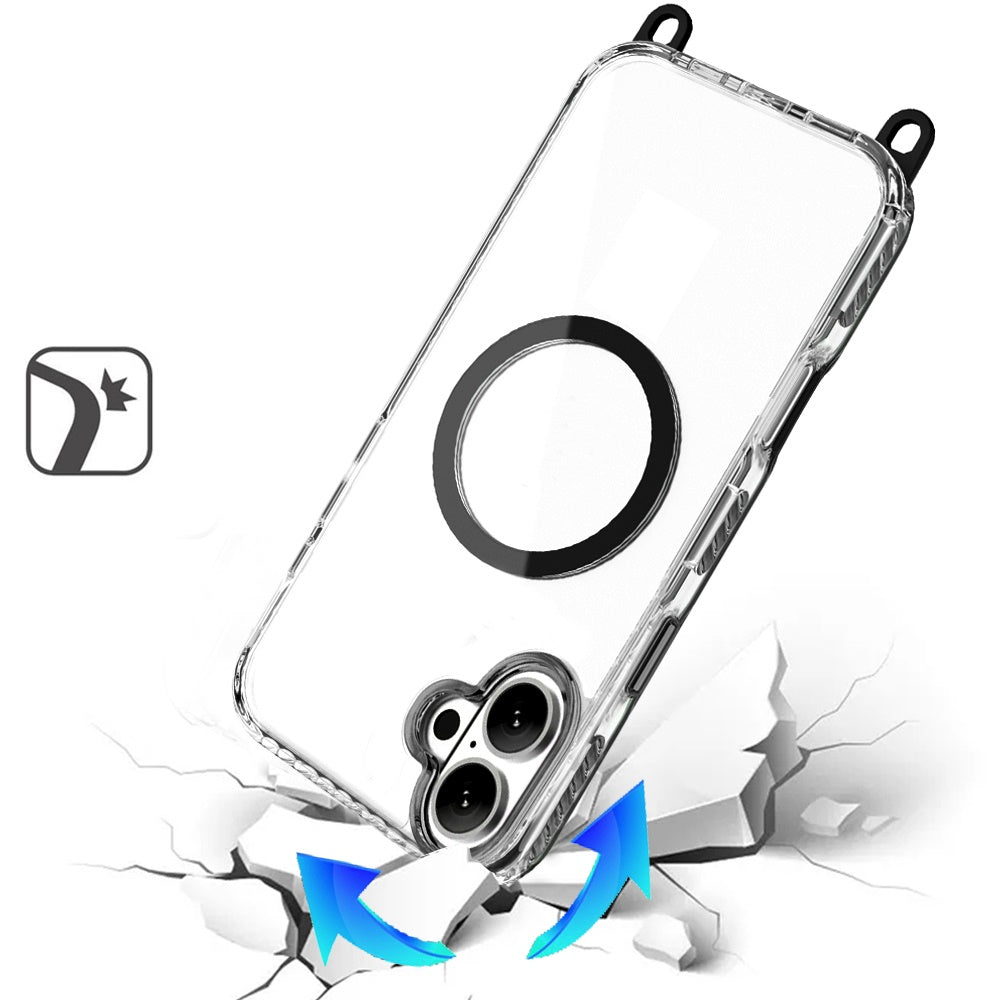 For Apple iPhone 17 (6.3") Clear Magnetic Frame PC Back Shockproof Protective Case with Detachable Lanyard Strap, Compatible with MagSafe Case Cover