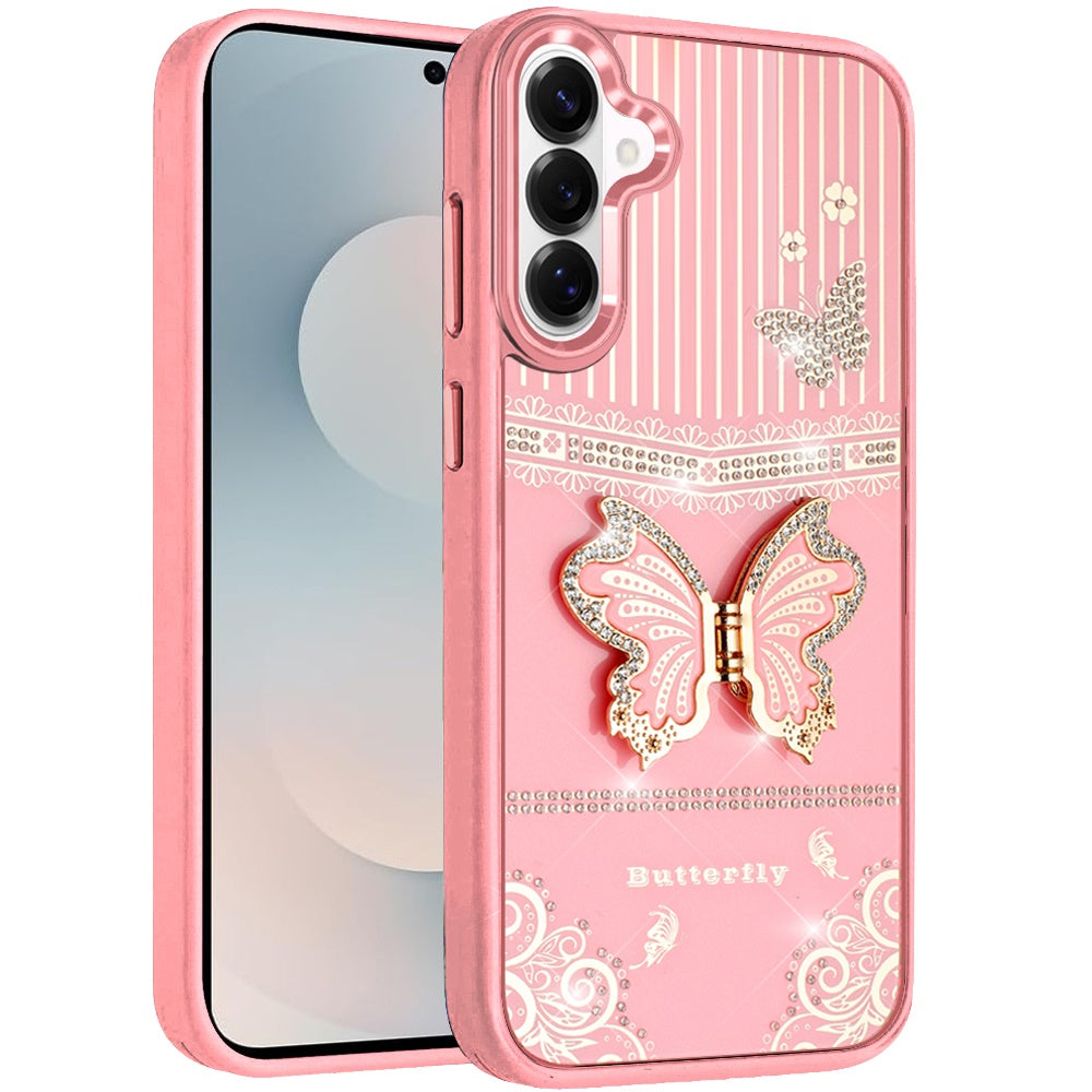 For Samsung Galaxy S26+ / S26 Plus Glitter 3D Butterfly Design Bling Metallic Edge Hybrid Stand Drop Protection TPU Shockproof Case Cover