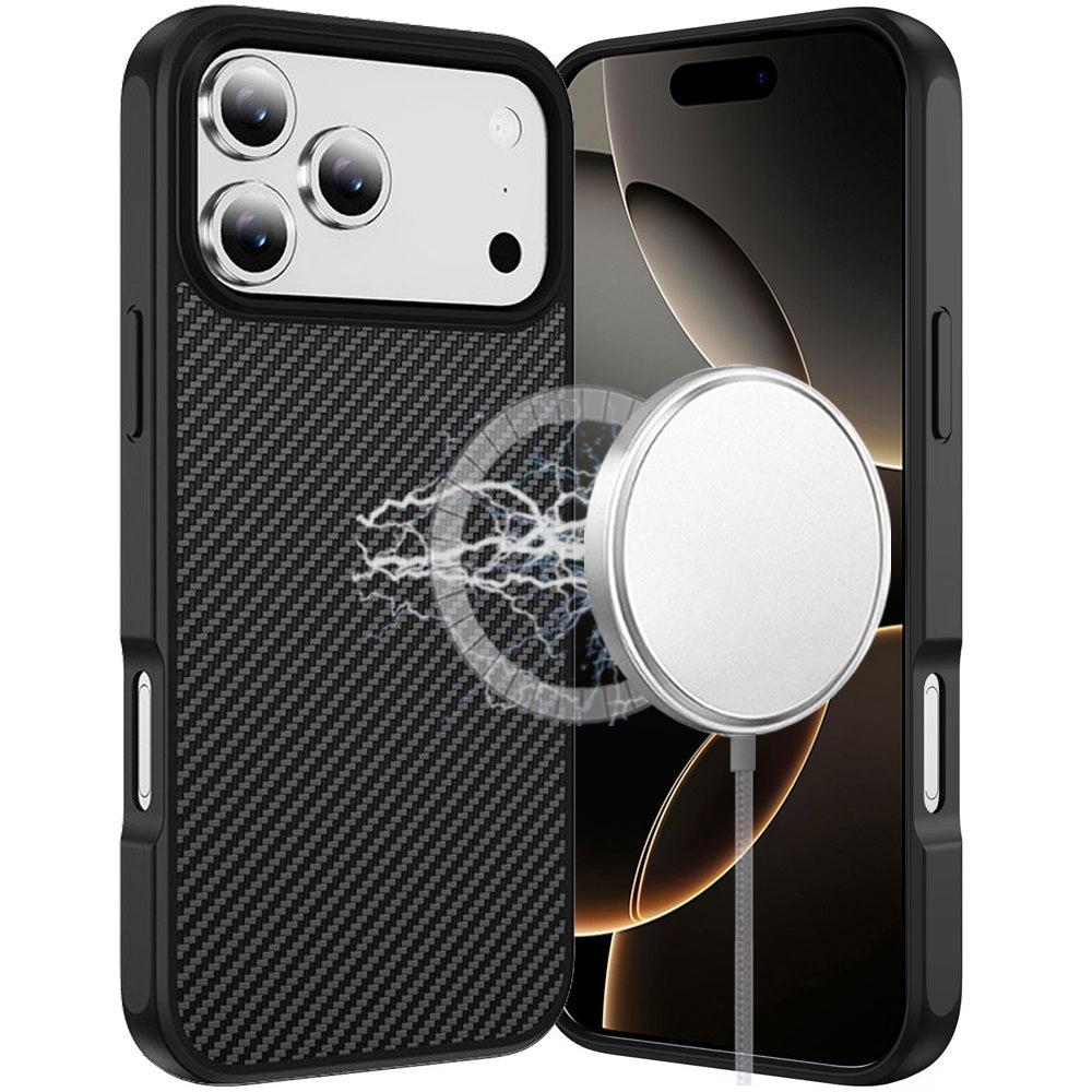 For Apple iPhone 17 Pro (6.3") Carbon Fiber Design with Magnetic HQ 2.0mm Thick Hybrid Shockproof Rubber Hard PC Case Cover