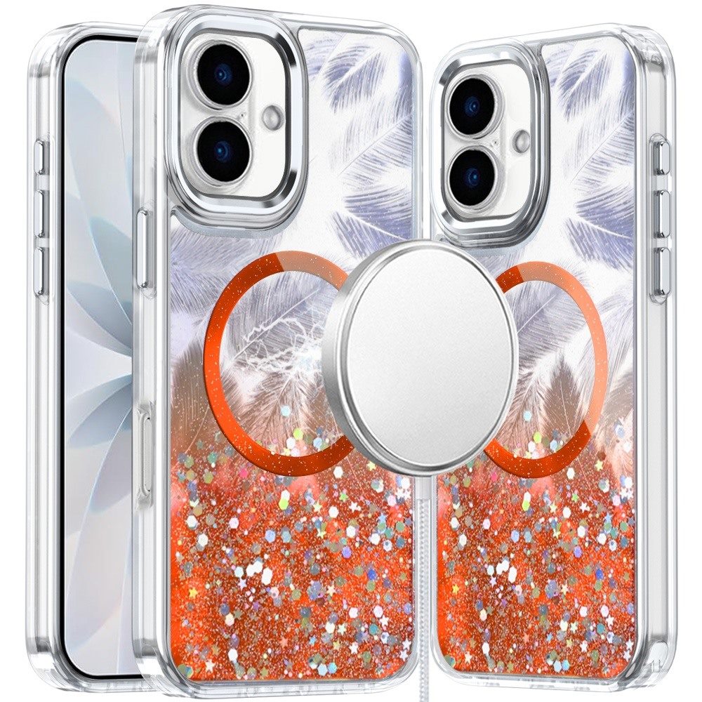 For Apple iPhone 17 (6.3") Epoxy Glitter Shimmer Fashion Case with Magnetic Magsafe Compatible Hybrid Sparkling Slim Protective Case Cover Cosmic Orange