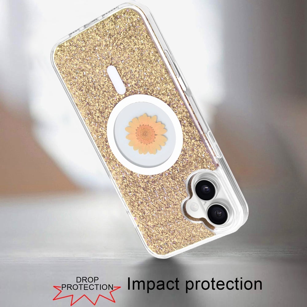 For Apple iPhone 16 Plus MagSafe Compatible Glitter Flower Epoxy Hybrid Slim TPU Case, Magnetic Circle Design, Sparkly Bling Protective Case Cover Gold