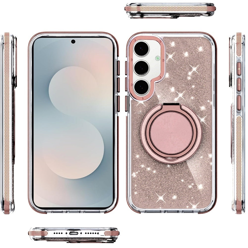 For Samsung Galaxy S25 FE /S25 Fan Edition Slim Bling Glitter Sparkly Shimmer Hybrid with Magnetic Ring and 360° Rotational Stand [Compatible with Magsafe] Case Cover Gold