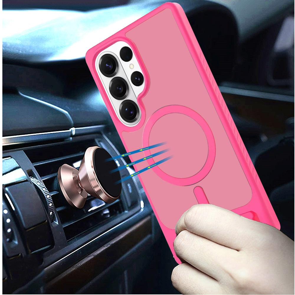For Samsung Galaxy S26 Ultra Matte Magnetic Circle Back TPU Hybrid Drop Protection with Metal Kickstand Shockproof Design Case Cover Hotpink