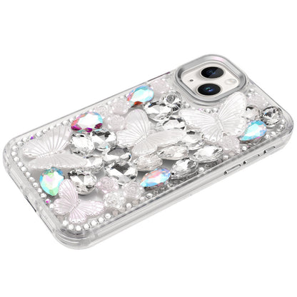 For Apple iPhone 14 /13 3D Diamond Floral Butterfly Bling Stone Hybrid, Sparkly Rhinestone Gemstone Back Shockproof Case Cover