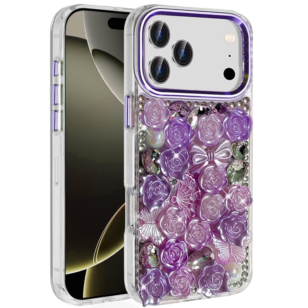 For Apple iPhone 17 Pro (6.3") Muti-Color Floral Fashion Bling Crystal 3D Full Diamonds Stones Sparkle Rhinestone Glitter Hybrid Case Cover