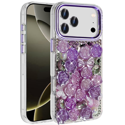 For Apple iPhone 17 Pro (6.3") Muti-Color Floral Fashion Bling Crystal 3D Full Diamonds Stones Sparkle Rhinestone Glitter Hybrid Case Cover