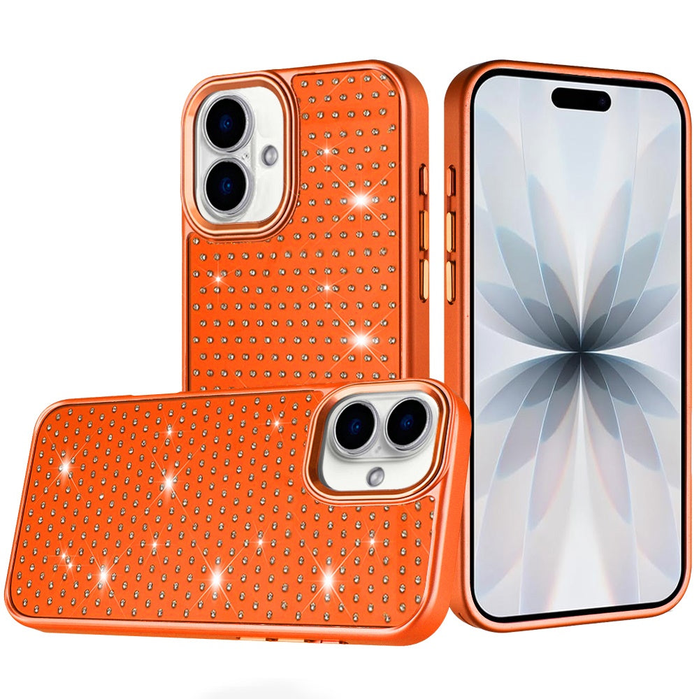 For Apple iPhone 17 (6.3") Bling Diamond Metallic, Full Sparkle Chrome Edged Hybrid Protective Shockproof Case Cover Cosmic Orange