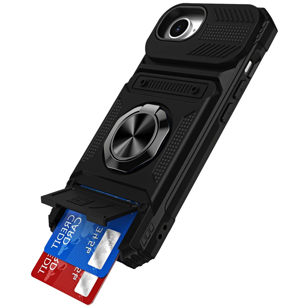 For Apple iPhone 17E /16E 2X Card Slot Metal Ring Stand Hybrid Shockproof Heavy Duty Drop Protection Multi Functional Design Case Cover