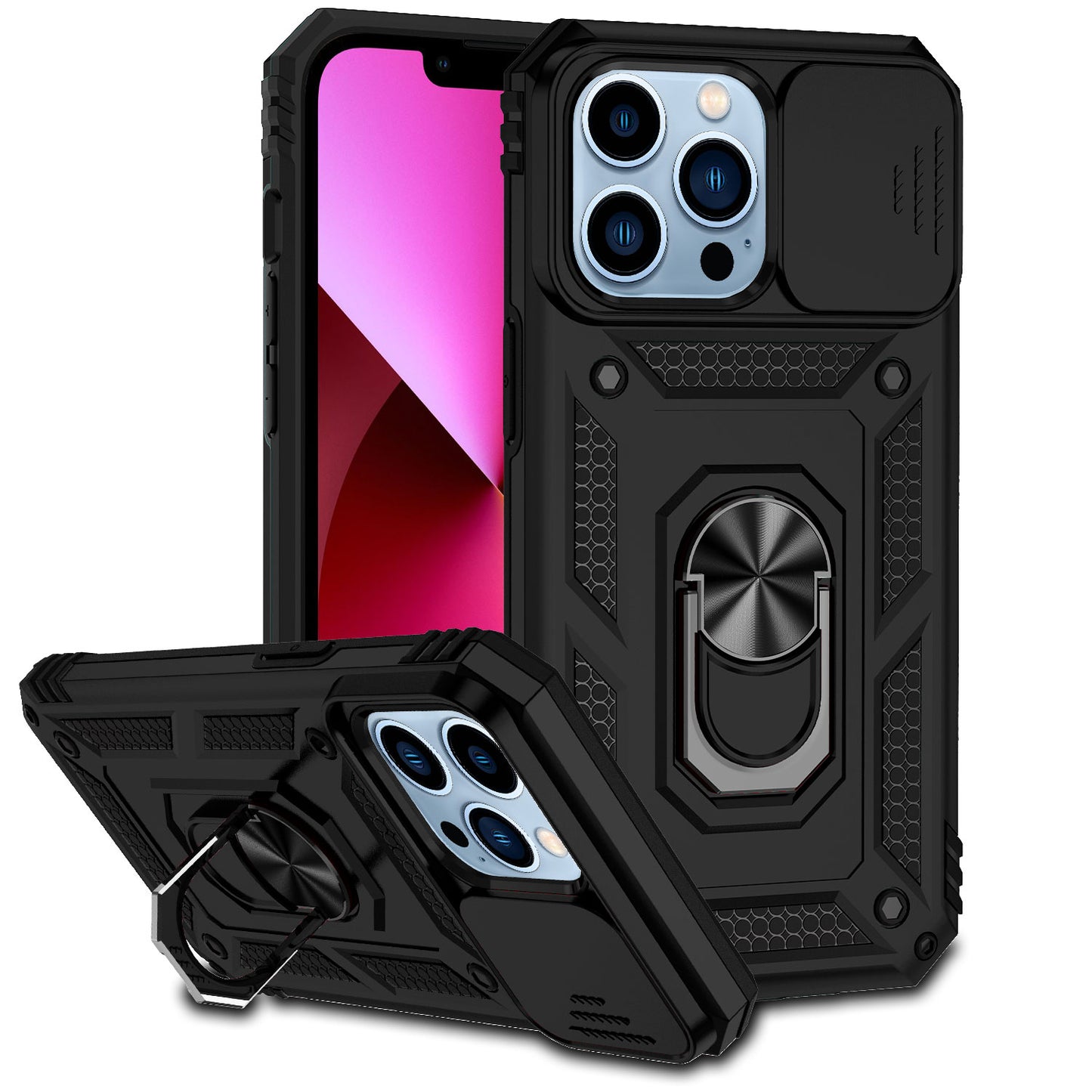 Phone Case for iPhone 15 Pro (6.1") Shockproof Magnetic Ring Stand Camera Guard Rugged Grip Anti Slip Heavy Duty Hybrid Armor Durable Matte Cover Black