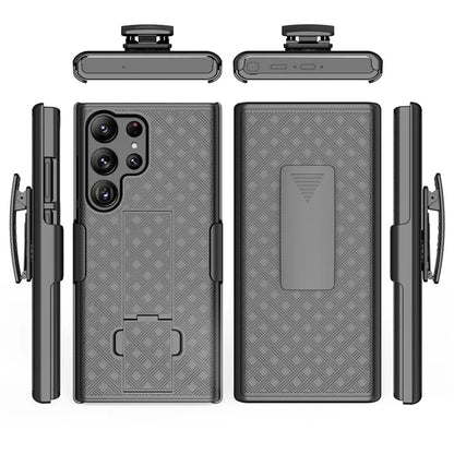 For Samsung Galaxy S25 Ultra Hybrid Slim 3-in-1 Shockproof Armor with Kickstand Holster Combo & Swivel Belt Clip Case Cover Black