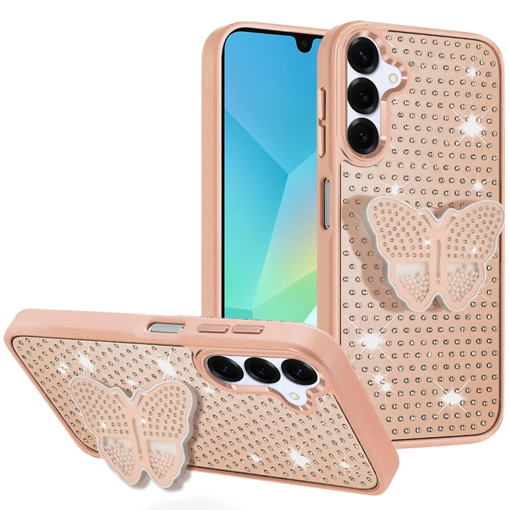 For Samsung Galaxy A16 5G Butterfly Moveable Grip 3D Pop Stand Full Diamond Bling Sparkling TPU Fashion Hybrid Case Cover