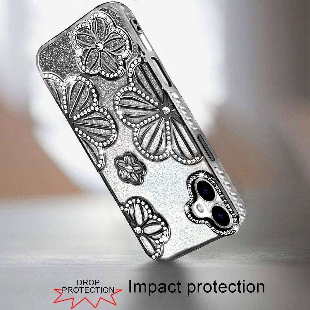 For Apple iPhone 17 (6.3") Luxury Flower Design Sparkle Glitter Diamond Rhinestone Shimmer Bling Plating Thick TPU Hard PC Case Cover