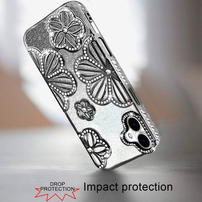 For Apple iPhone 17 (6.3") Luxury Flower Design Sparkle Glitter Diamond Rhinestone Shimmer Bling Plating Thick TPU Hard PC Case Cover