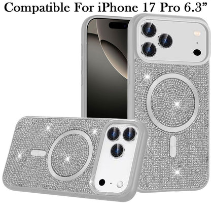For Apple iPhone 17 Pro (6.3") Sparkly Diamond Bling Case Rhinestone Skin Hybrid with Magnetic Circle, MagSafe Compatible Case Cover