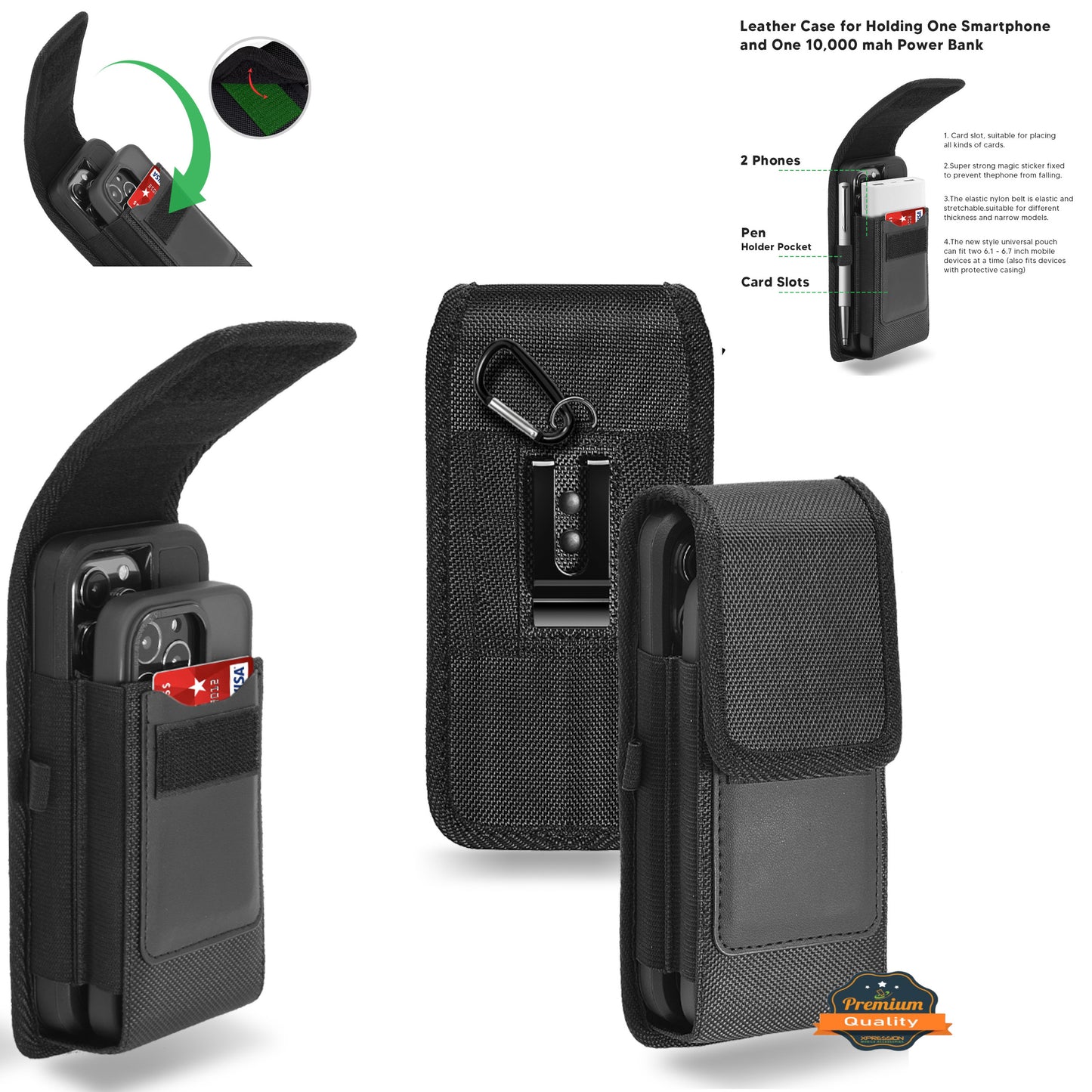 For Apple iPhone 16 Pro (6.3") Vertical Double Phone Cover Universal Nylon Canvas Holster Pouch Pocket For 2 Phone with Credit Card Slot with Belt Clip Hook and Loop fit XL Device Size 6.3" [Black]