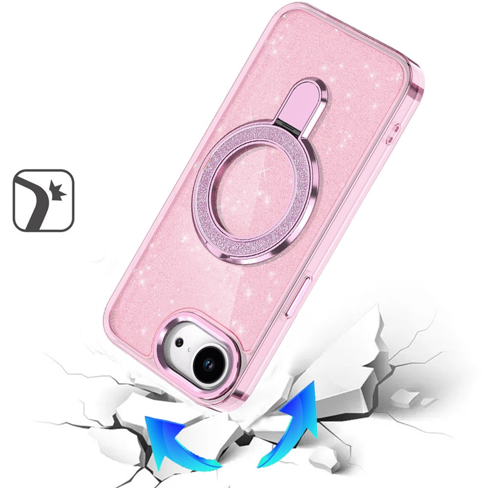 For Apple iPhone 16e Transparent Glitter Bling Case with Rotating Magnetic Ring Stand, Shockproof Hybrid Case Cover