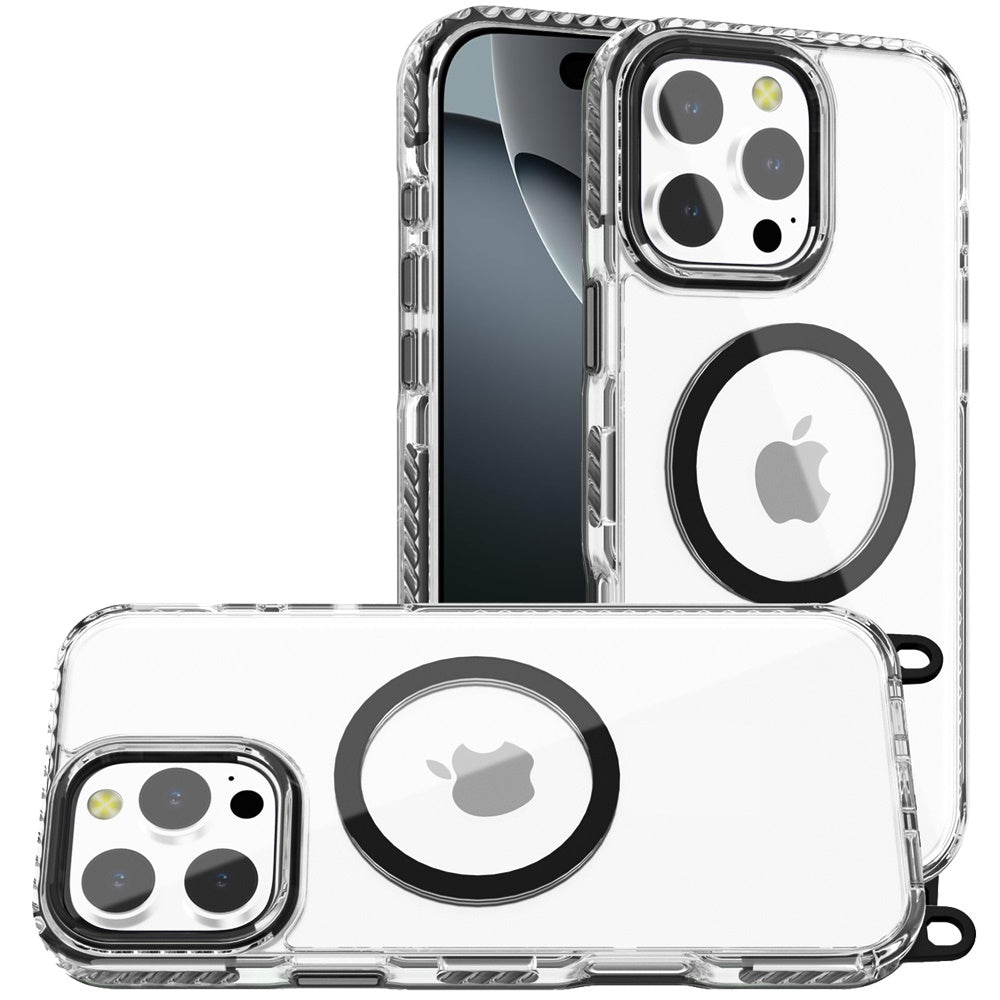 For Apple iPhone 11 Pro Max Clear Magnetic Frame PC Back Shockproof Protective Case with Detachable Lanyard Strap, Compatible with MagSafe Case Cover Black