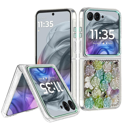 For Motorola Razr 2025 /2024 Muti-Color Floral Fashion Bling Crystal 3D Full Diamonds Stones Sparkle Rhinestone Glitter Hybrid Case Cover Green