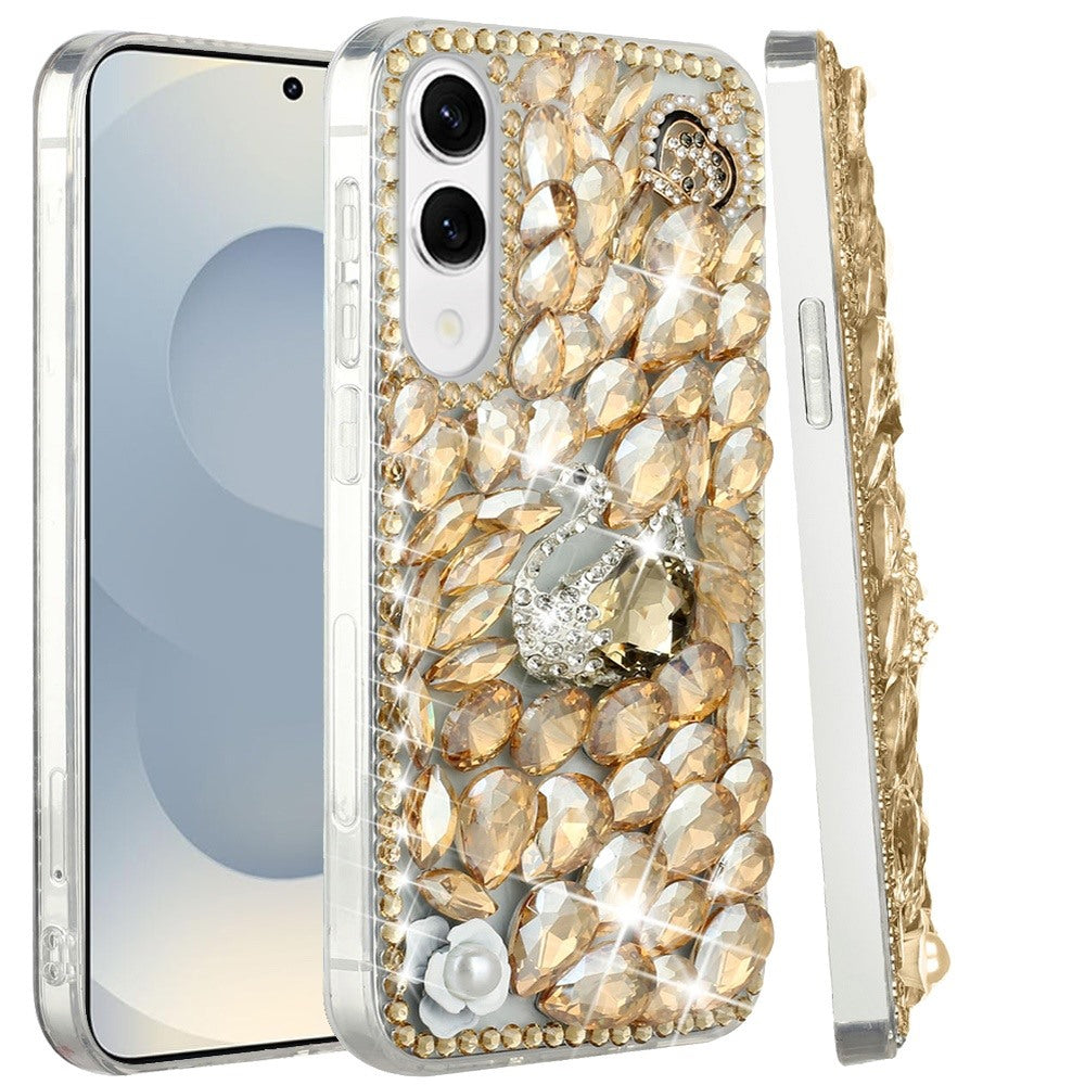 For Samsung Galaxy S25 Edge Bling Crystal 3D Full Diamonds Luxury Sparkle Rhinestone Hybrid Protective Case Cover Gold Panda Floral