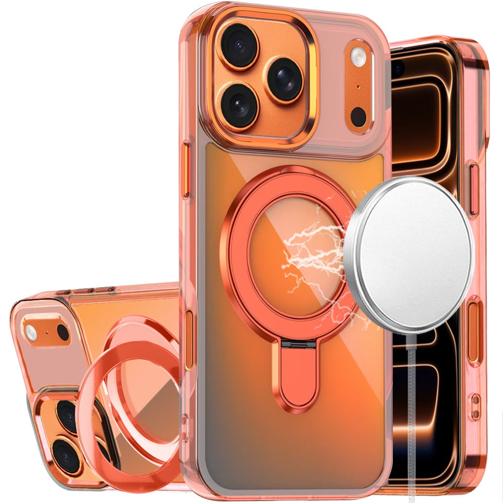 For Apple iPhone 17 Pro (6.3") Chrome Hybrid with Rotating Magnetic Circle Ring Stand, Slim Shockproof Hybrid Case Cover Cosmic Orange