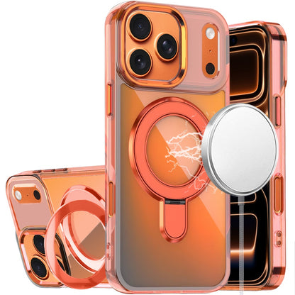 For Apple iPhone 17 Pro (6.3") Chrome Hybrid with Rotating Magnetic Circle Ring Stand, Slim Shockproof Hybrid Case Cover Cosmic Orange
