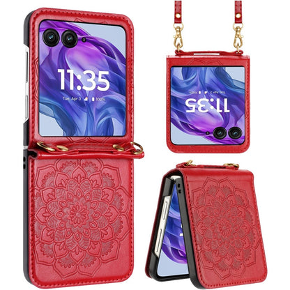 For Samsung Galaxy Z Flip 7 FE Embossed Floral PU Leather Henna Mandala Design Flip Cover with Strap, Hybrid Protective Case Cover Red
