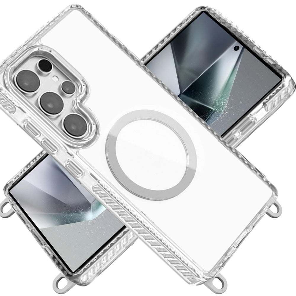 For Samsung Galaxy S24 Ultra Clear Magnetic Frame PC Back Shockproof Protective Case with Detachable Lanyard Strap, Compatible with MagSafe Case Cover