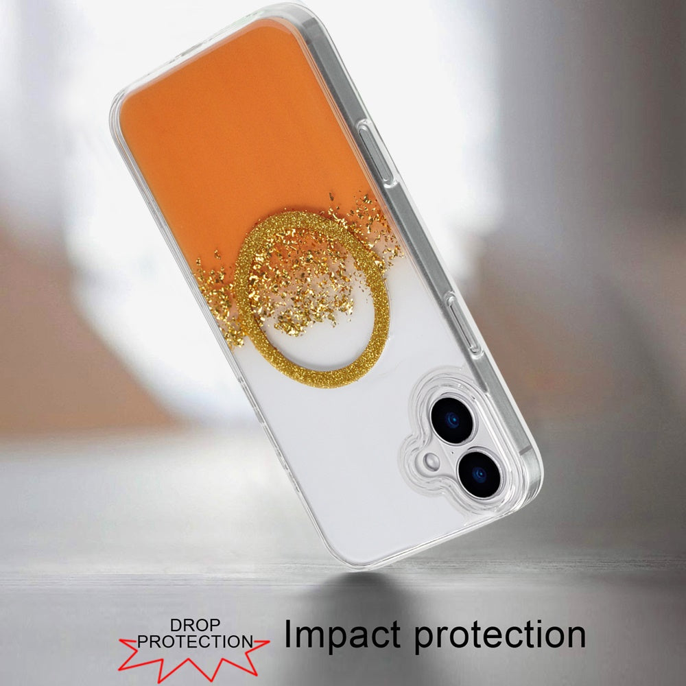 For iPhone 16 (6.1") Glitter Epoxy Transparent Magnetic Hybrid Shockproof Protection Anti Scratch Clear Back Secure Grip Stylish Durable Design Case Cover Orange