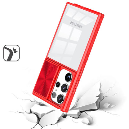 For Samsung Galaxy S25 Fan Edition /Galaxy S25 FE Hybrid Cases with Sliding Camera Cover Transparent Shockproof Bumper TPU Protective Case Cover Red