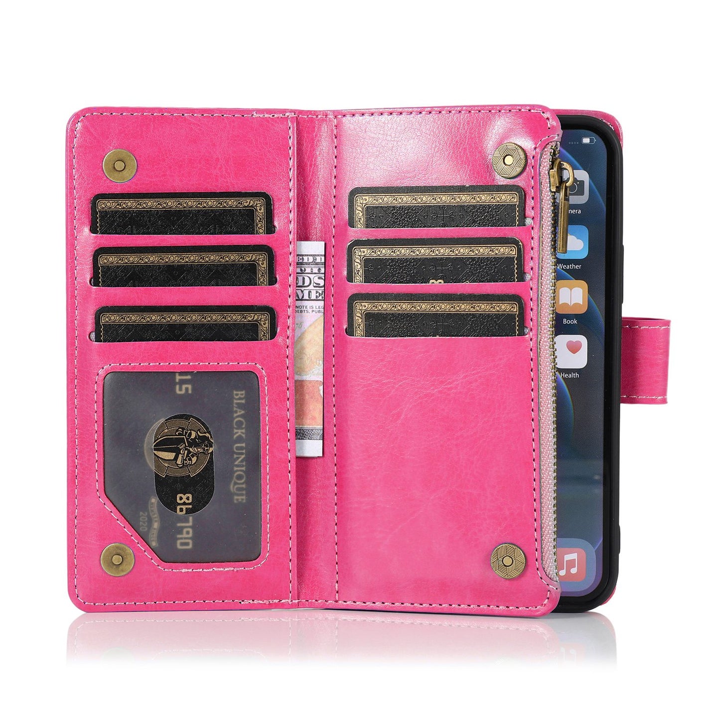 Phone Case for Apple iPhone 16 Luxury Leather Wallet Card Holder Zipper Pocket Money Storage Protective Grip Design with Strap Cover Hot Pink