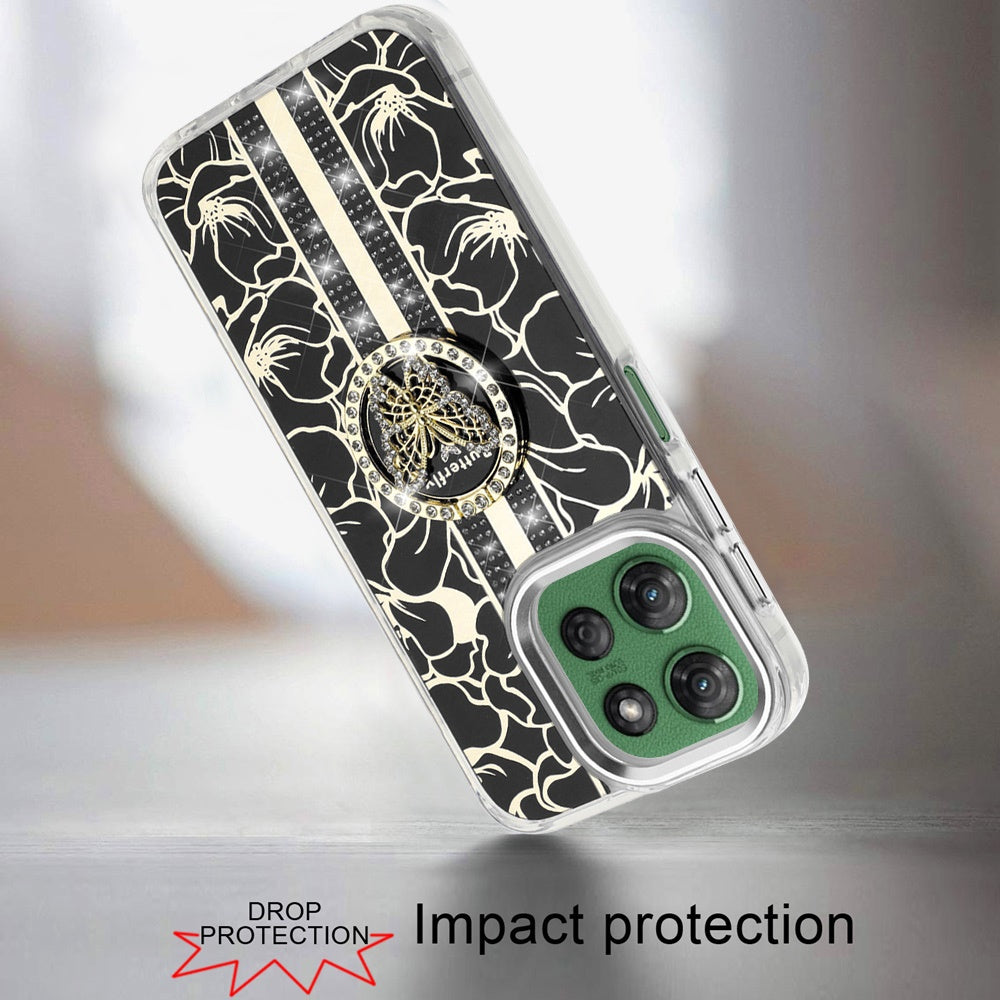 For Samsung Galaxy S26 Diamonds 3D Butterfly Floral Design Bling Sparkly Glitter Hybrid Metal Fashion with Ring Stand Case Cover