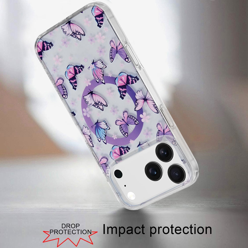 For Apple iPhone 17 AIR Stylish Pattern Fashion IMD Printed Design TPU Double Layer Slim Shockproof with Magnetic Back Case Cover Purple Butterflies
