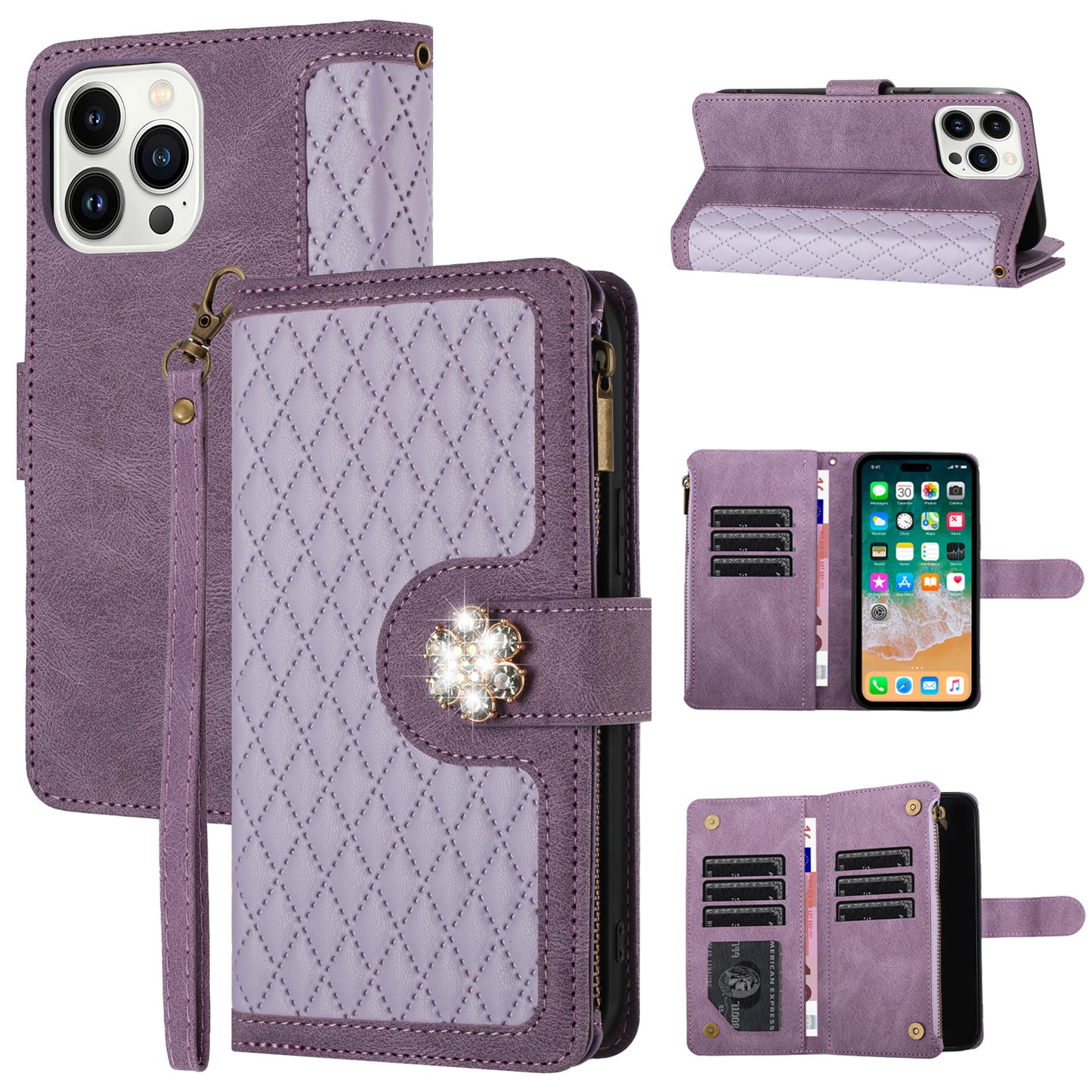 PU Leather Wallet Design Jewel Bling with Credit Card Holder Flip Folio Pouch Zipper Purse Wrist Strap