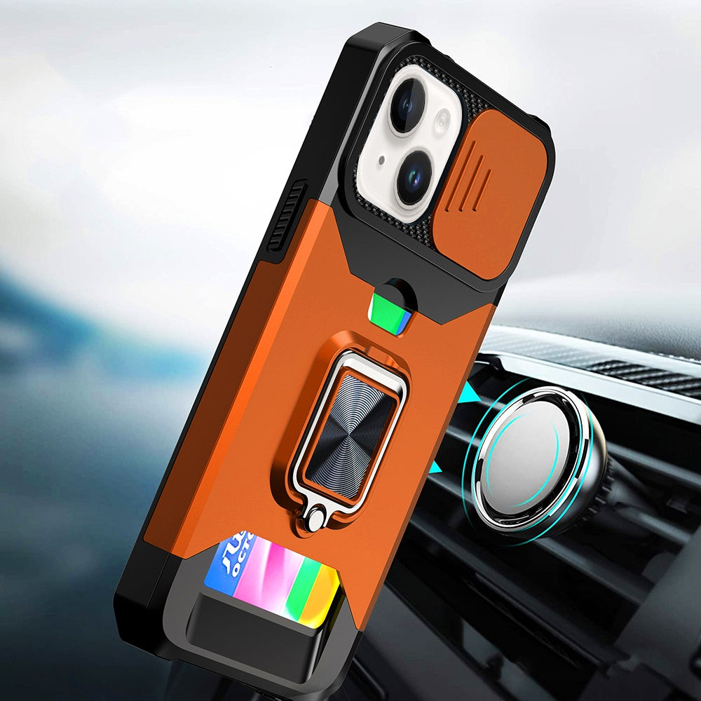Phone Case for iPhone 15 (6.1") Card Holder Magnetic Ring Stand Shockproof Anti Slip Wallet Grip Protective Hybrid Design Cover Cosmic Orange