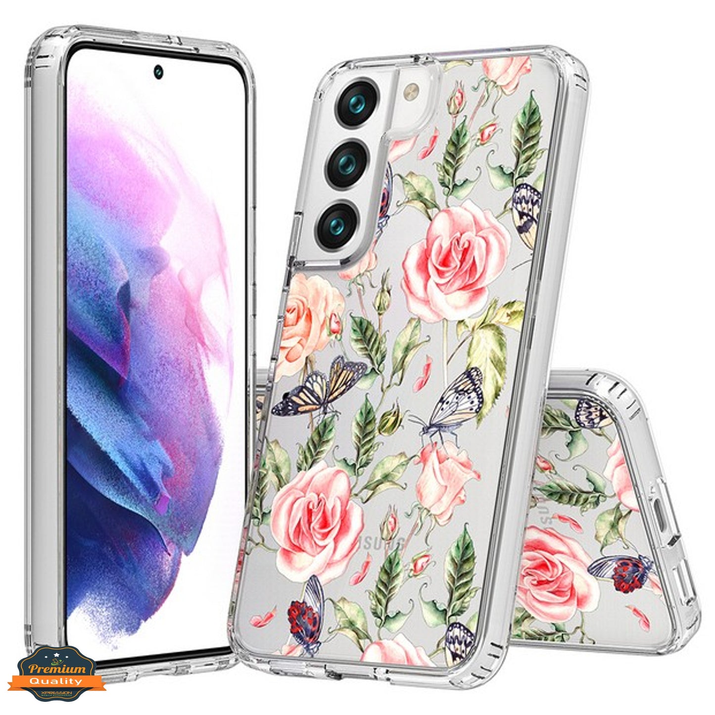 For Samsung Galaxy S25+ S25 Plus /S24+ Floral Pattern Hybrid Transparent TPU Silicone, Shock Absorption Bumper, Hard Back Slim Case Cover