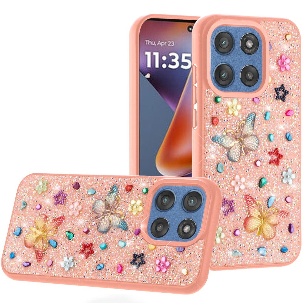 For Motorola Moto G 5G 2025 Diamond Butterfly 3D Glitter Bling Design, Slim Hybrid Sparkle Protective Cover TPU for Women Girls Case Cover Light Pink