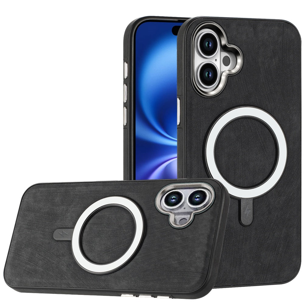 For Apple iPhone 17 Fashion PU Vegan Leather Chrome Edge Hybrid, MagSafe Compatible, Durable TPU Hard PC Case Cover Black