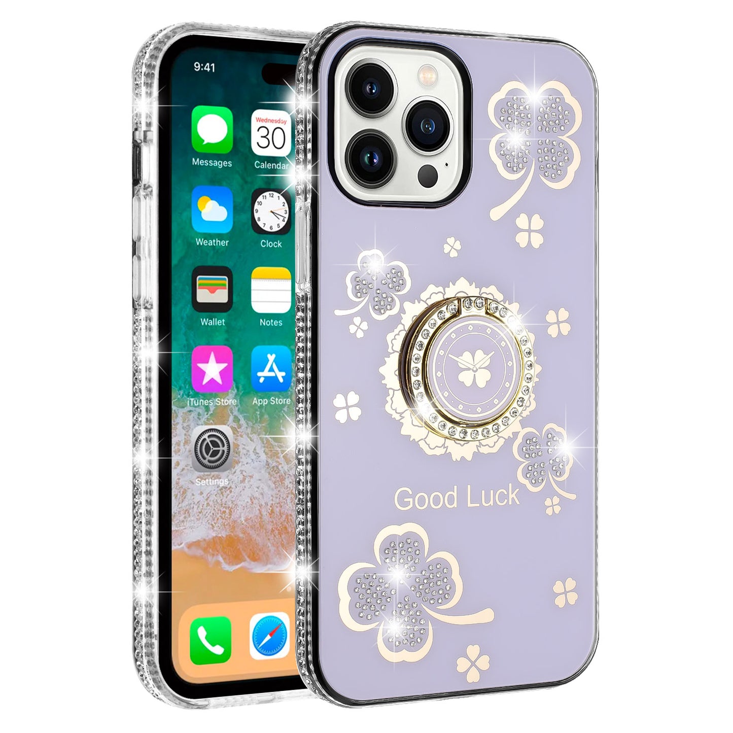 For Motorola Moto G Power 5G 2025 Diamonds Bling All Around Edges Sparkly Glitter Hybrid with Ring Stand Holder Fashion Good Luck Case Cover