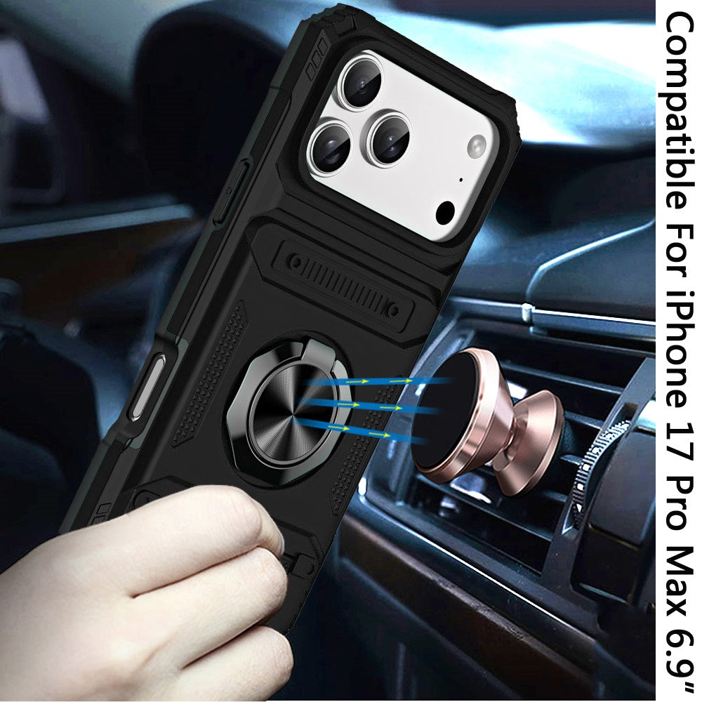 Phone Case for Apple iPhone 17 Pro Max (6.9") Multi Functional Card Slot Shockproof Metal Ring Hybrid Wallet Rugged Protective Grip Heavy Duty Durable Cover
