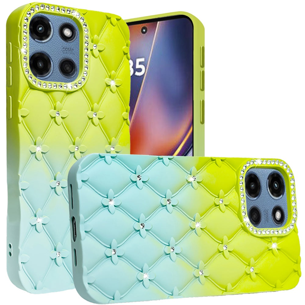 For Motorola Moto G Play 5G 2026 Fashion Flower Design Sparkle Glitter Shimmer Rhinestone Bling Floral Accents, Leather Texture TPU Case Cover Light Green/Teal