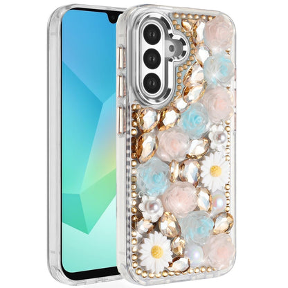 For Samsung Galaxy A16 5G Fashion Daisy Floral Series, Full 3D Bling Crystal Diamonds Sparkling Rhinestone Glitter Hybrid Design Case Cover Gold