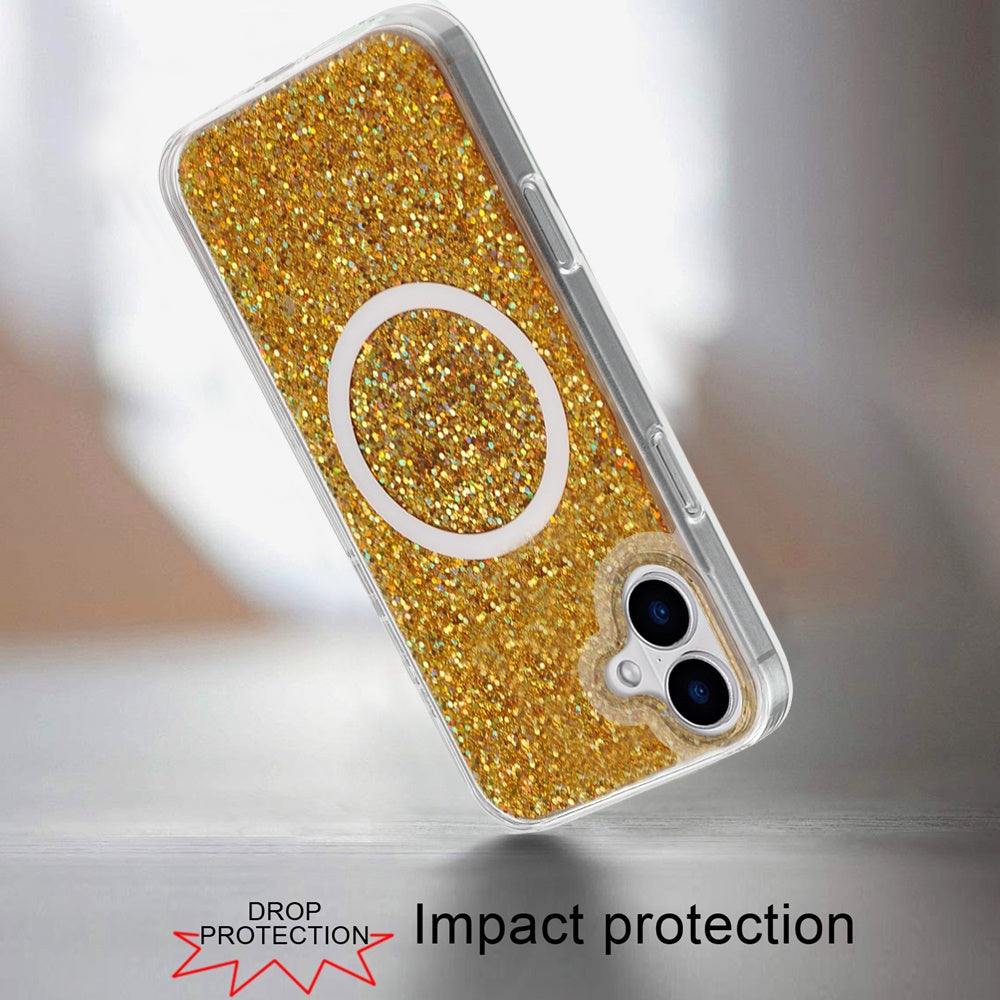 For Apple iPhone 16 Plus (6.7") Transparent Epoxy Glitter Magnetic Circle Compatible with MagSafe Hybrid Bling Sparkle Hard PC Slim TPU Case Cover